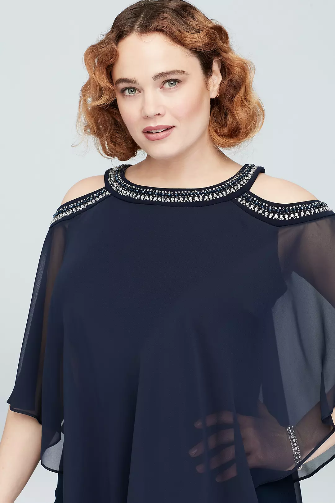 Beaded Cold-Shoulder Plus Size Dress with Capelet Image 3