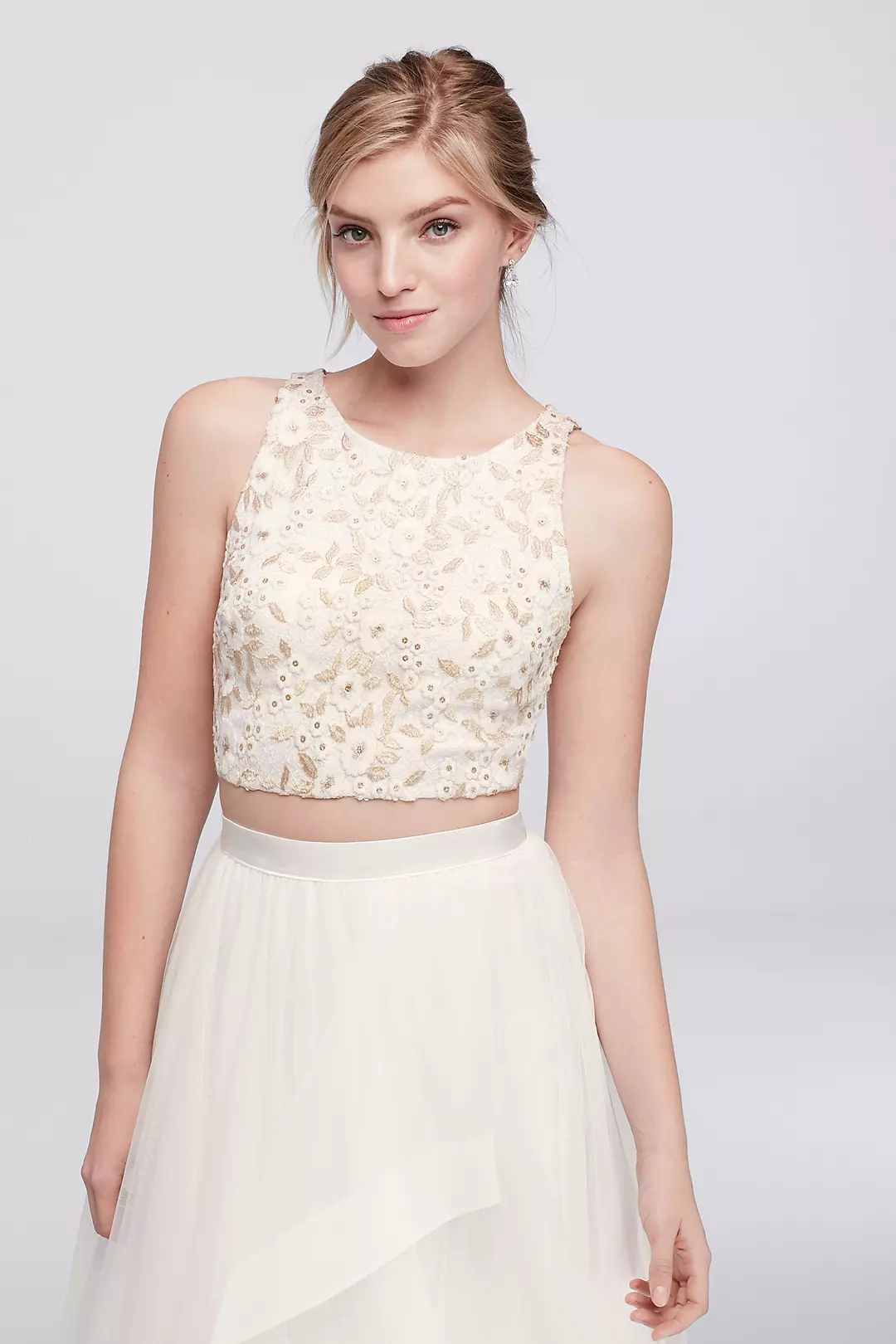 Floral Lace and Cascading Mesh Two-Piece Dress Image 3