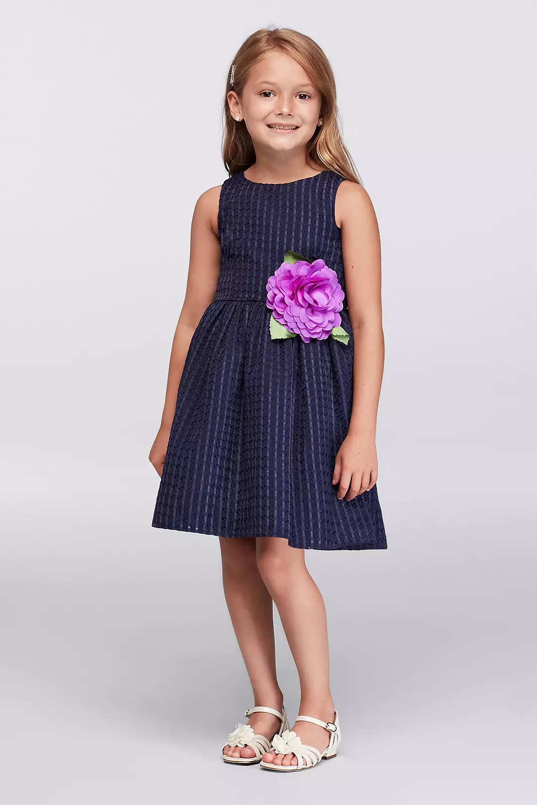Basketweave Fit-and-Flare Dress with Flower Image