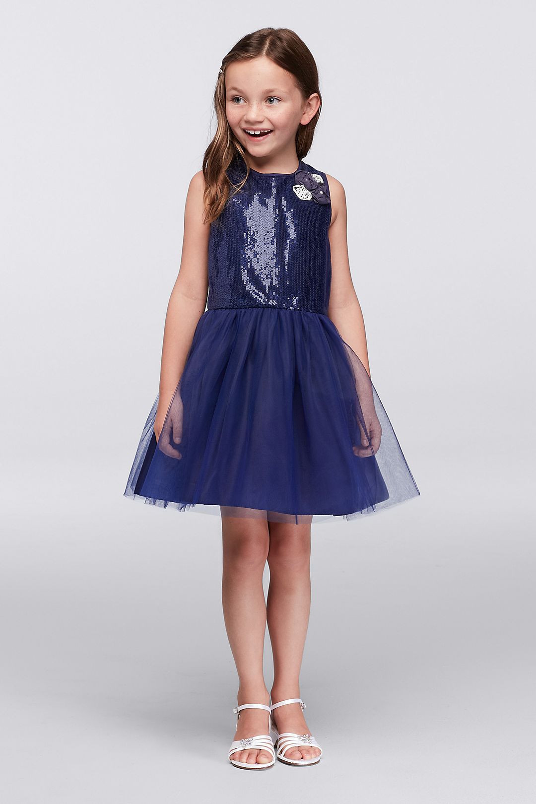 Sequin and Tulle Party Dress with Flower Applique Image 1