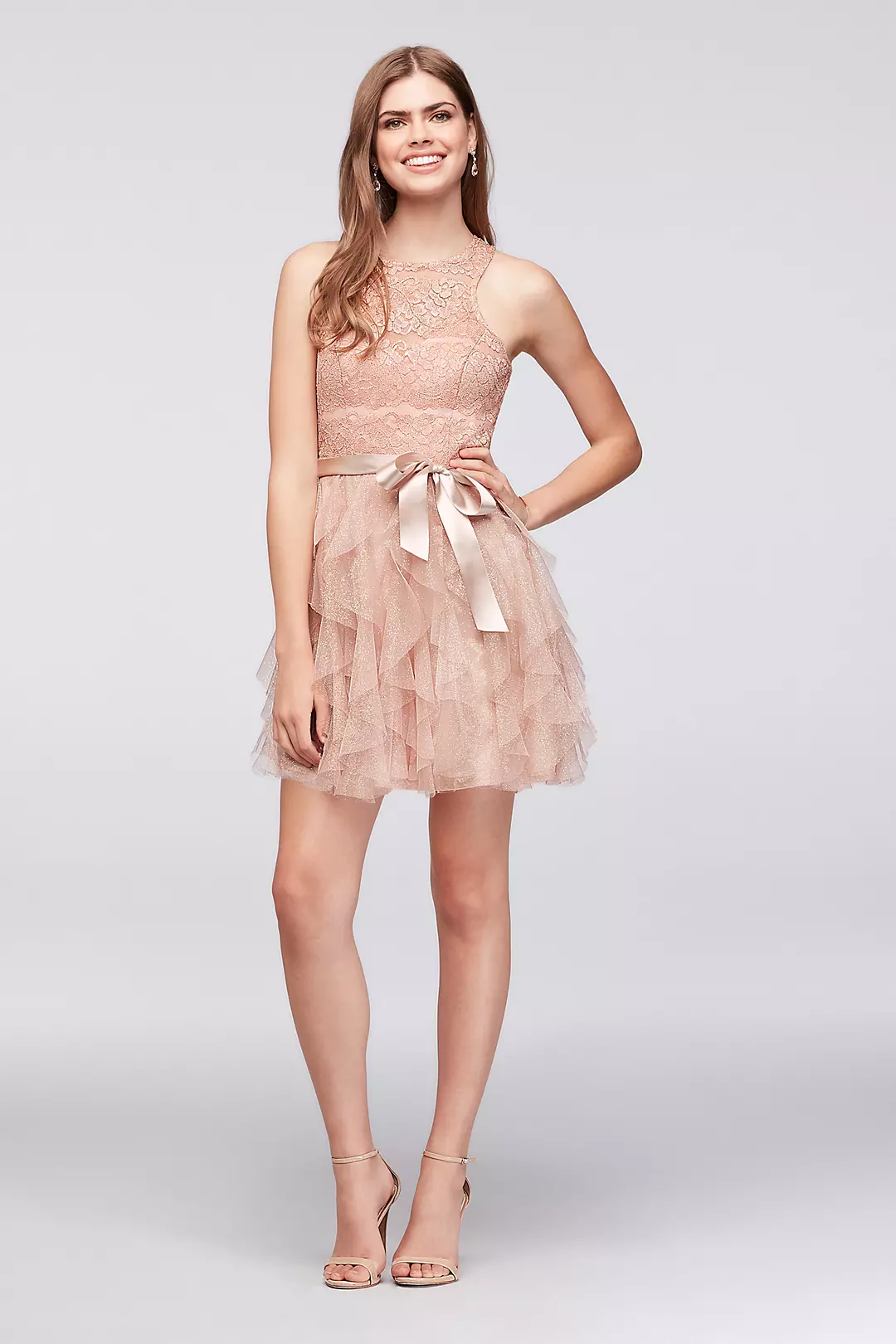 Tiered Glitter Mesh Ruffle Dress with Lace Bodice Image