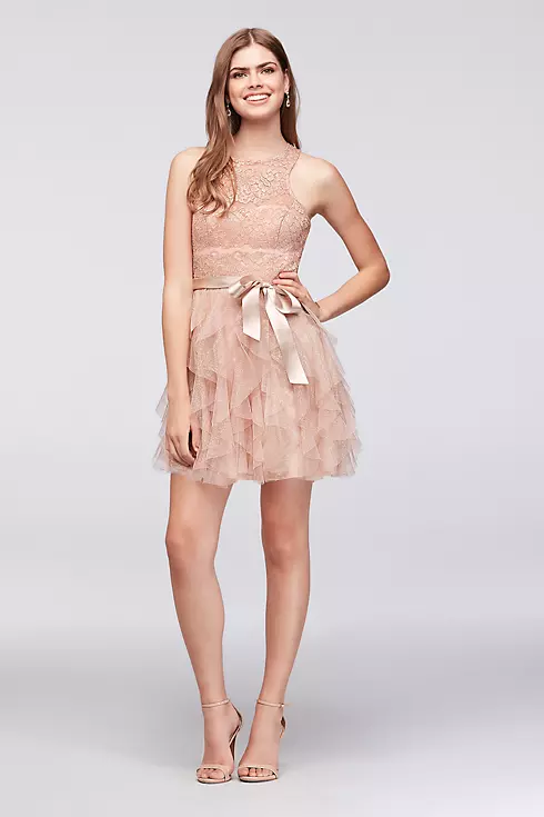 Tiered Glitter Mesh Ruffle Dress with Lace Bodice Image 1