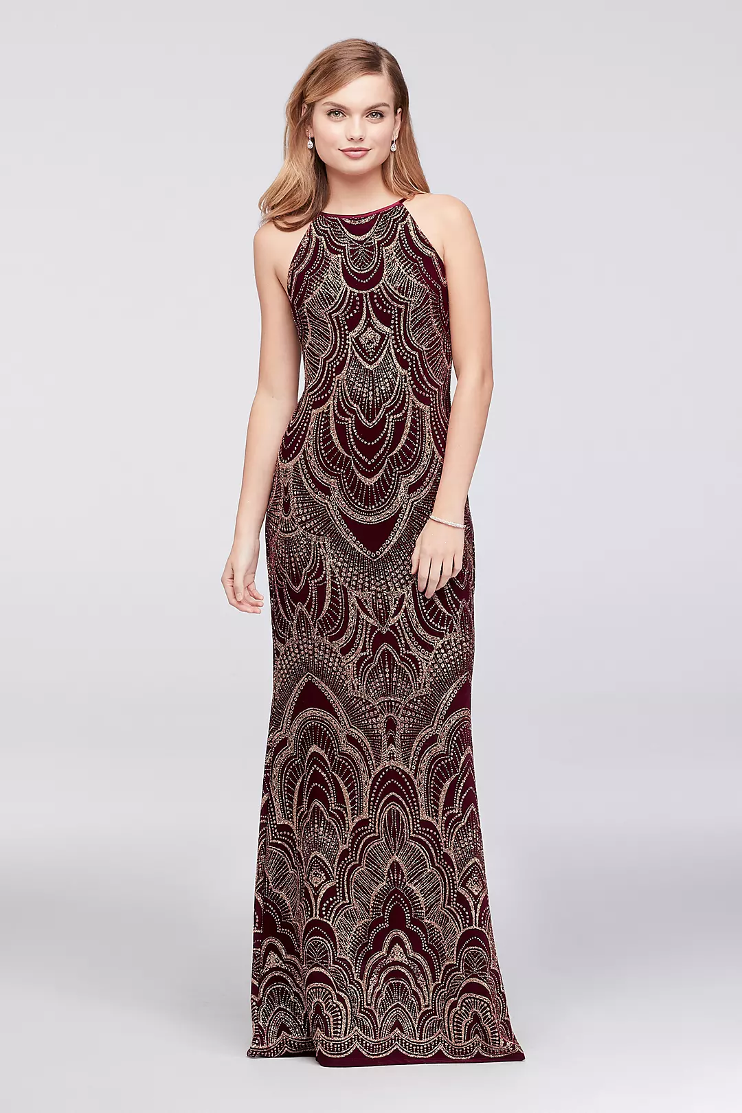 Slinky High-Neck Glitter Print Gown Image