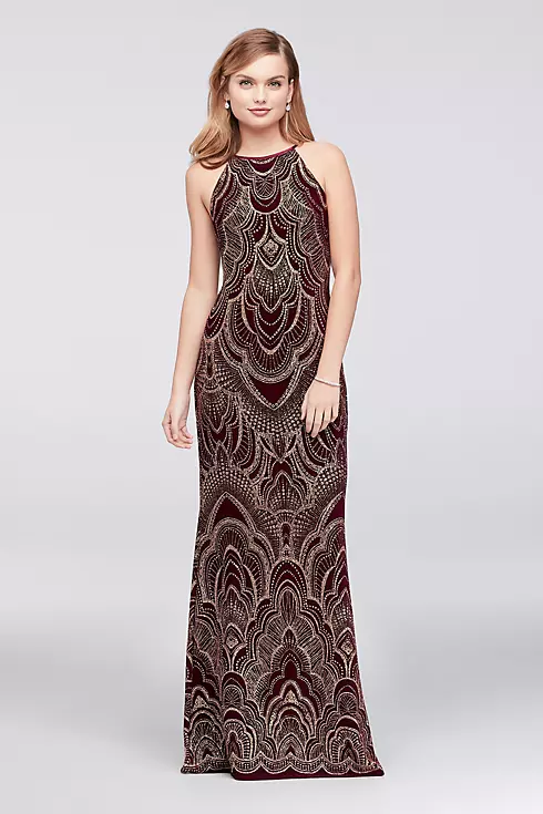 Slinky High-Neck Glitter Print Gown Image 1