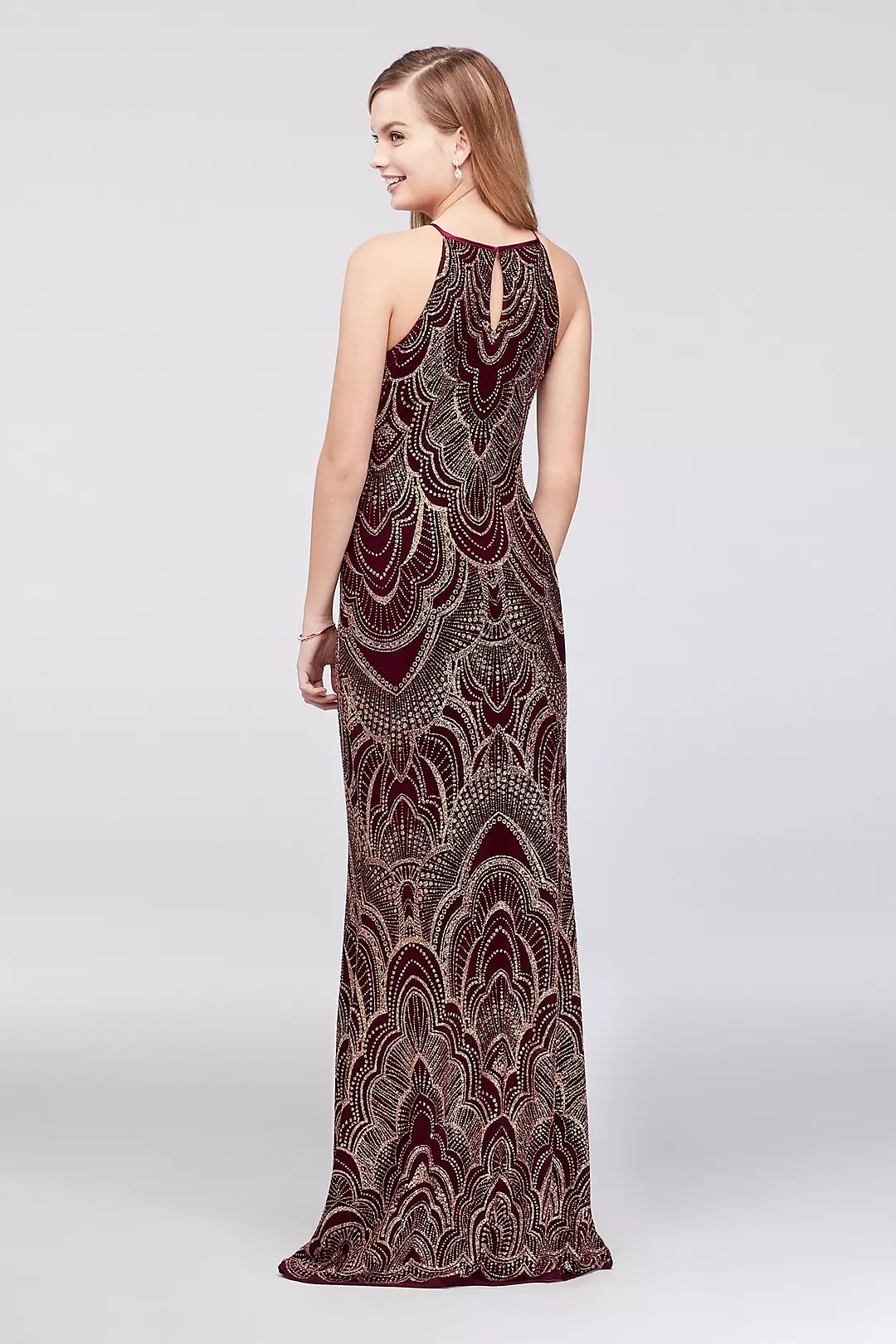 Slinky High-Neck Glitter Print Gown Image 2