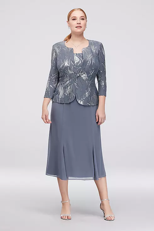 Sequin Burst Plus Size Tea-Length Dress and Jacket Image 1