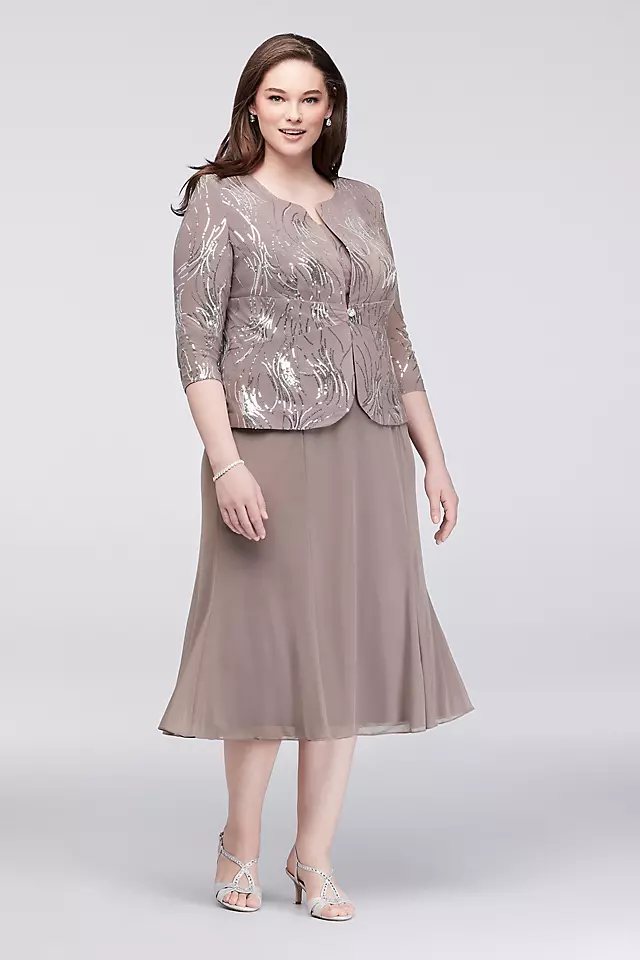 Sequined Chiffon Tea-Length Dress and Jacket Set Image