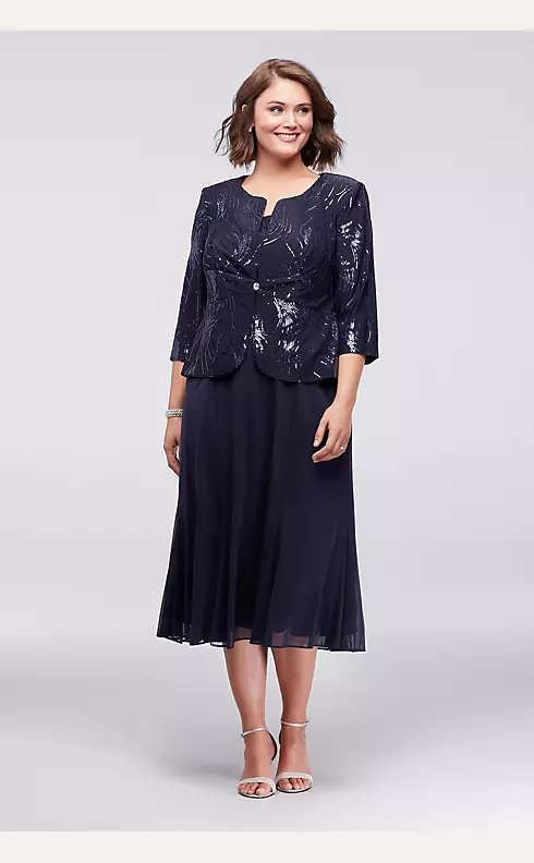 Sequined Tea-Length Plus Size Dress and Jacket Set Image 1
