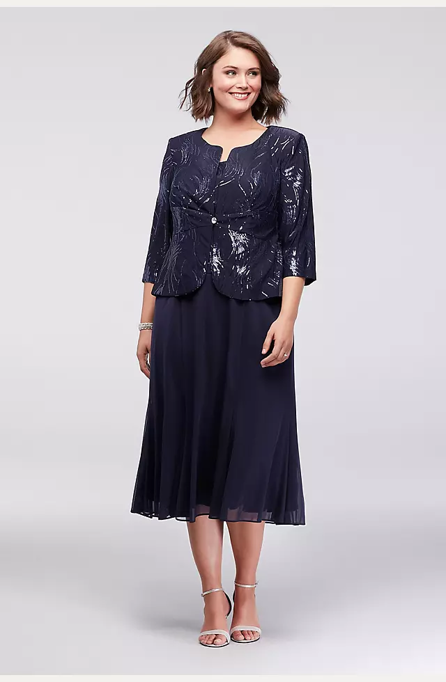 Sequined Tea-Length Plus Size Dress and Jacket Set Image