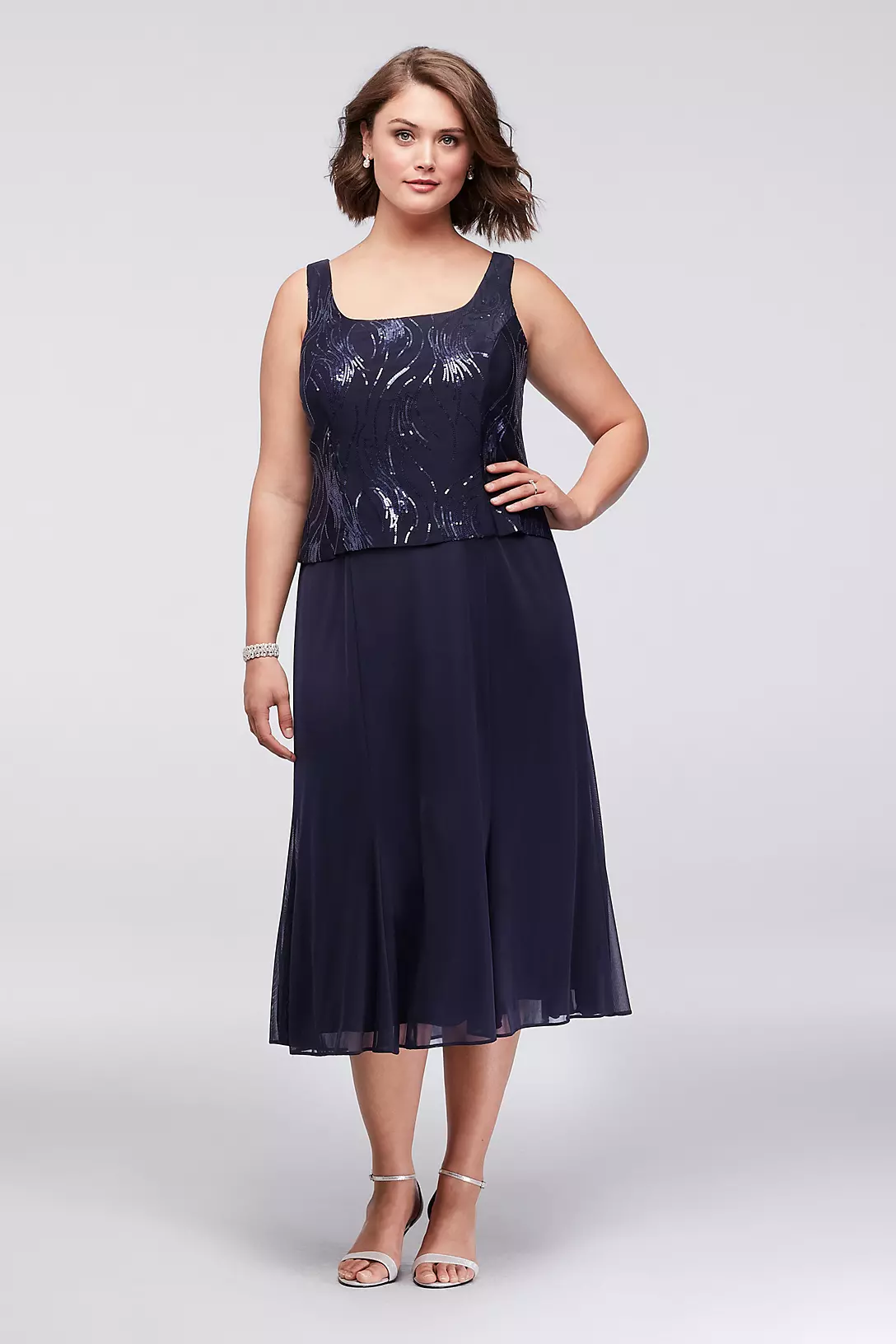Sequined Tea-Length Plus Size Dress and Jacket Set Image 3