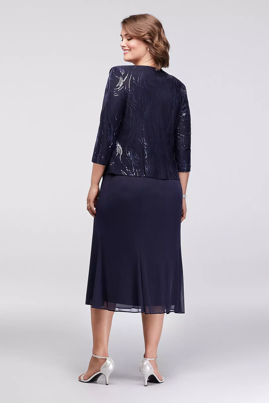 Sequined Tea-Length Plus Size Dress and Jacket Set Image 2