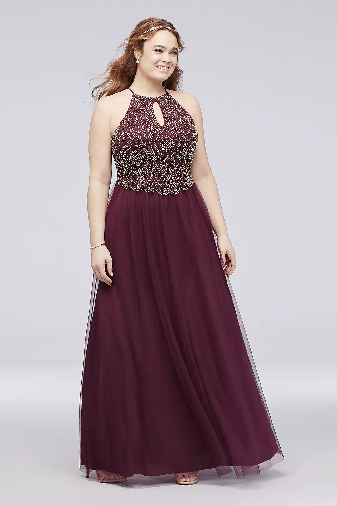 Metallic Beaded Plus Size High-Neck Ball Gown Image