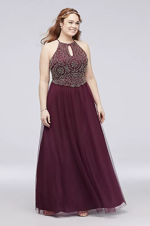 Metallic Beaded Plus Size High-Neck Ball Gown Image 1