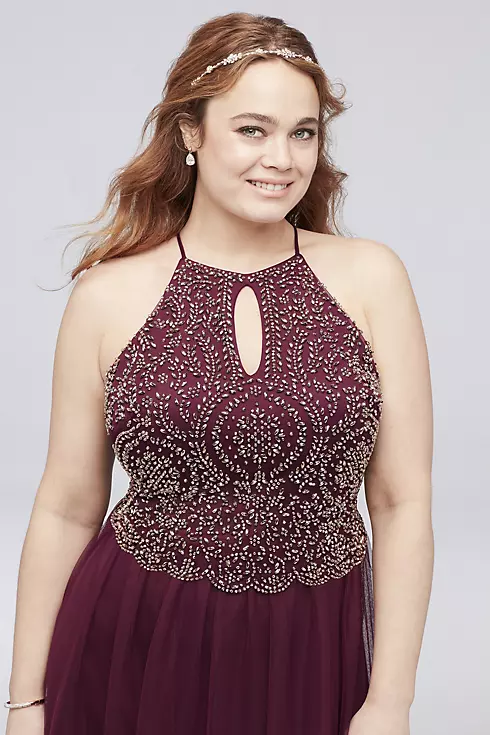 Metallic Beaded Plus Size High-Neck Ball Gown Image 3