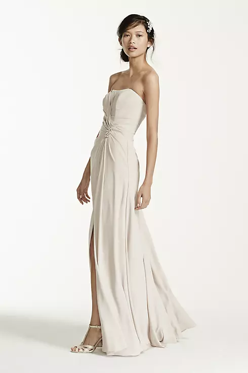 Long Strapless Crepe Dress with Brooch Image 3