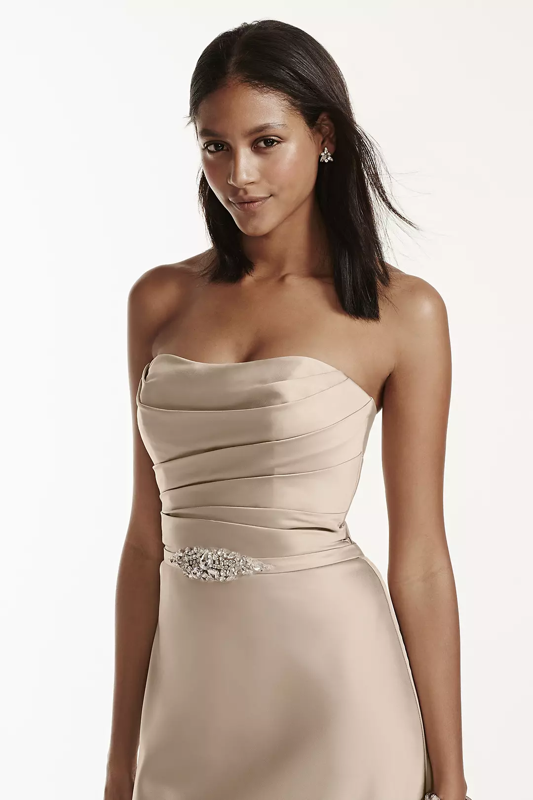 Strapless Long Satin Dress with Crystal Belt Image 3