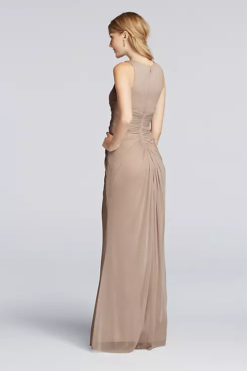 Long Beaded U Neck Mesh Dress with Ruched Waist Image 2