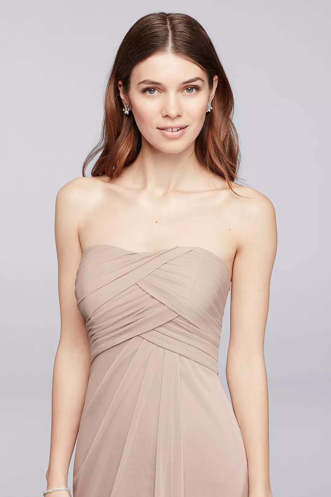 Mesh Strapless Long Bridesmaid Dress with Pleats Image 3