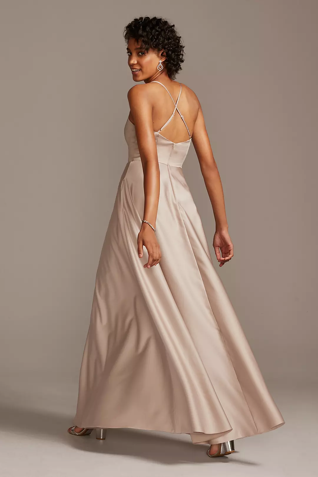 Satin A-Line Cowl Neck Spaghetti Strap Bodice Sexy High Leg Slit Elegant  Prom & Bridesmaid Dress CDBD104