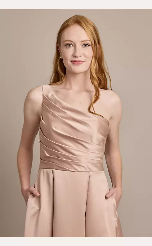 Satin One-Shoulder A-Line Pleated Bridesmaid Dress Image 3