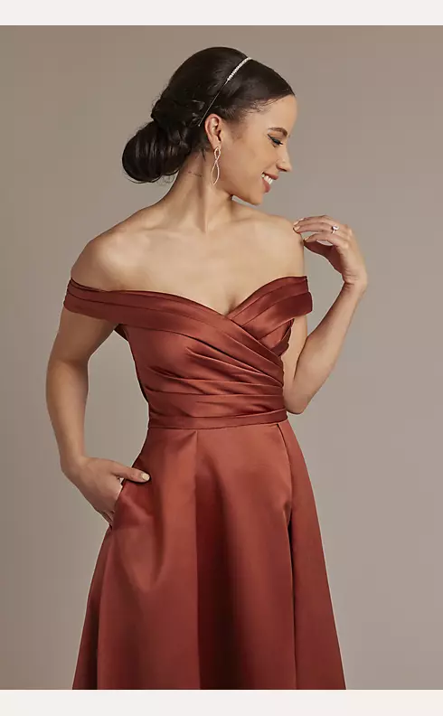 Satin Off-the-Shoulder Ball Gown Bridesmaid Dress Image 3