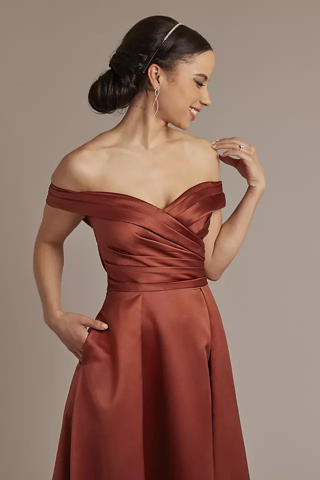 Satin Off-the-Shoulder Ball Gown Bridesmaid Dress Image 3