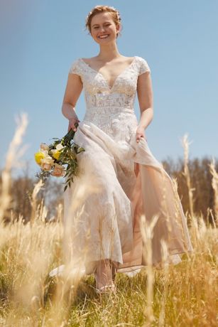 Beaded Lace Cap Sleeve Tall Plus Wedding Dress | David's Bridal