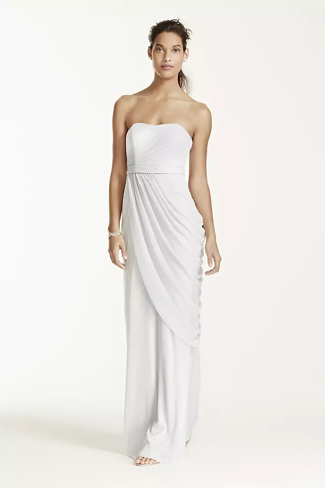 Long Strapless Mesh Dress with Side Draping Image 2
