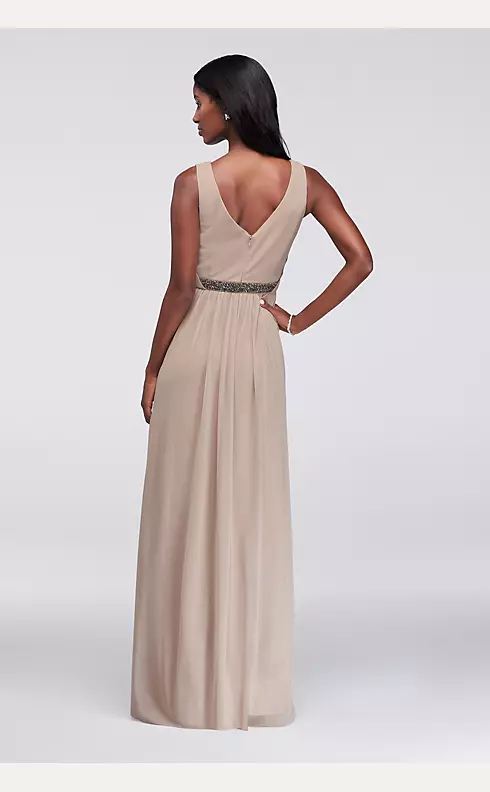 Long Mesh Dress with V-Neck and Beaded Waistband Image 2