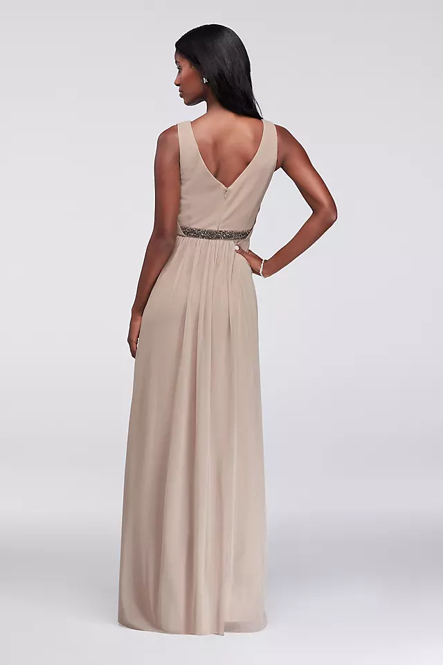 Long Mesh Dress with V-Neck and Beaded Waistband Image 2