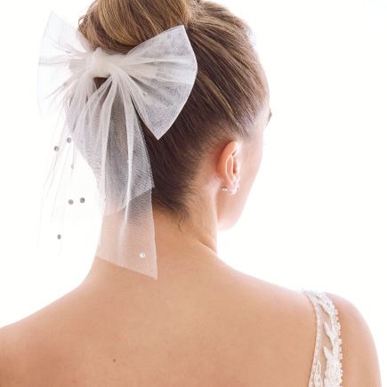 closeup of the back of a bride's hair wearing a bow