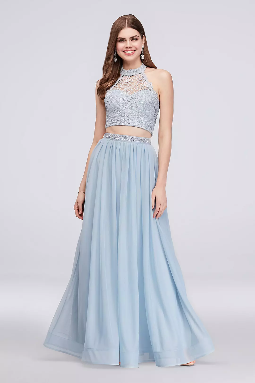 Two-Piece Beaded Jersey and Lace Halter Gown Image