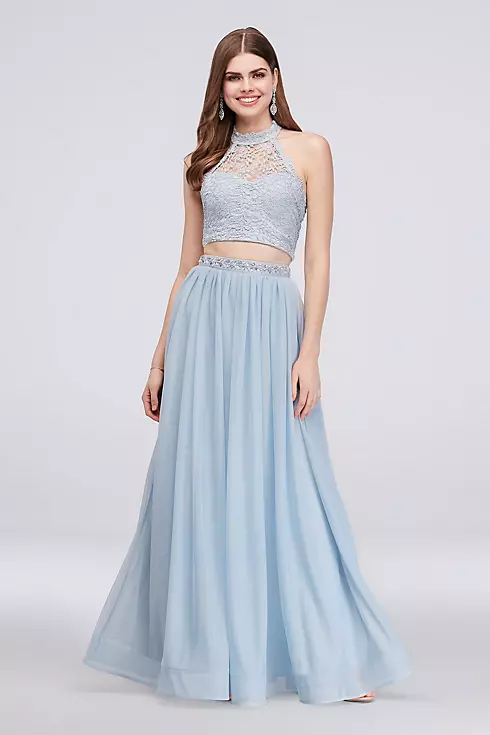 Two-Piece Beaded Jersey and Lace Halter Gown Image 1