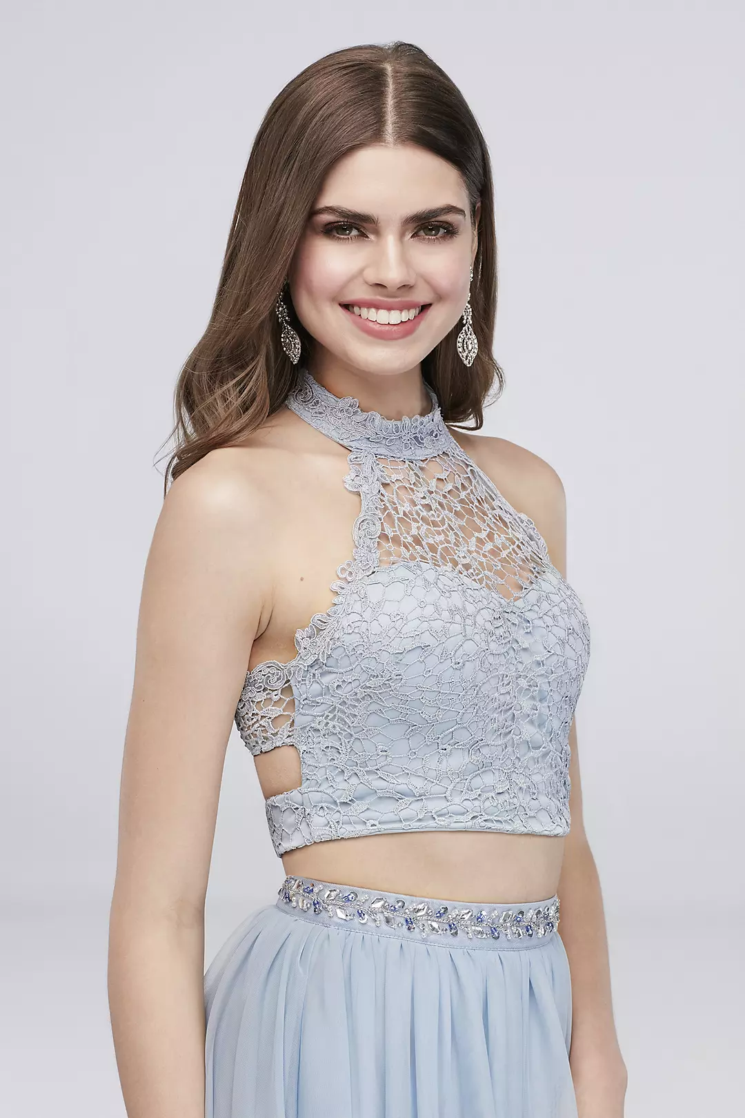 Two-Piece Beaded Jersey and Lace Halter Gown Image 3