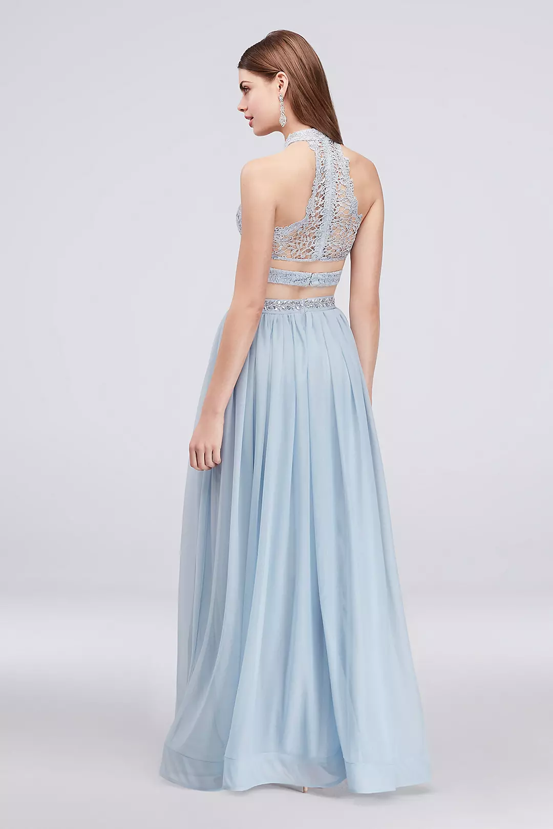 Two-Piece Beaded Jersey and Lace Halter Gown Image 2