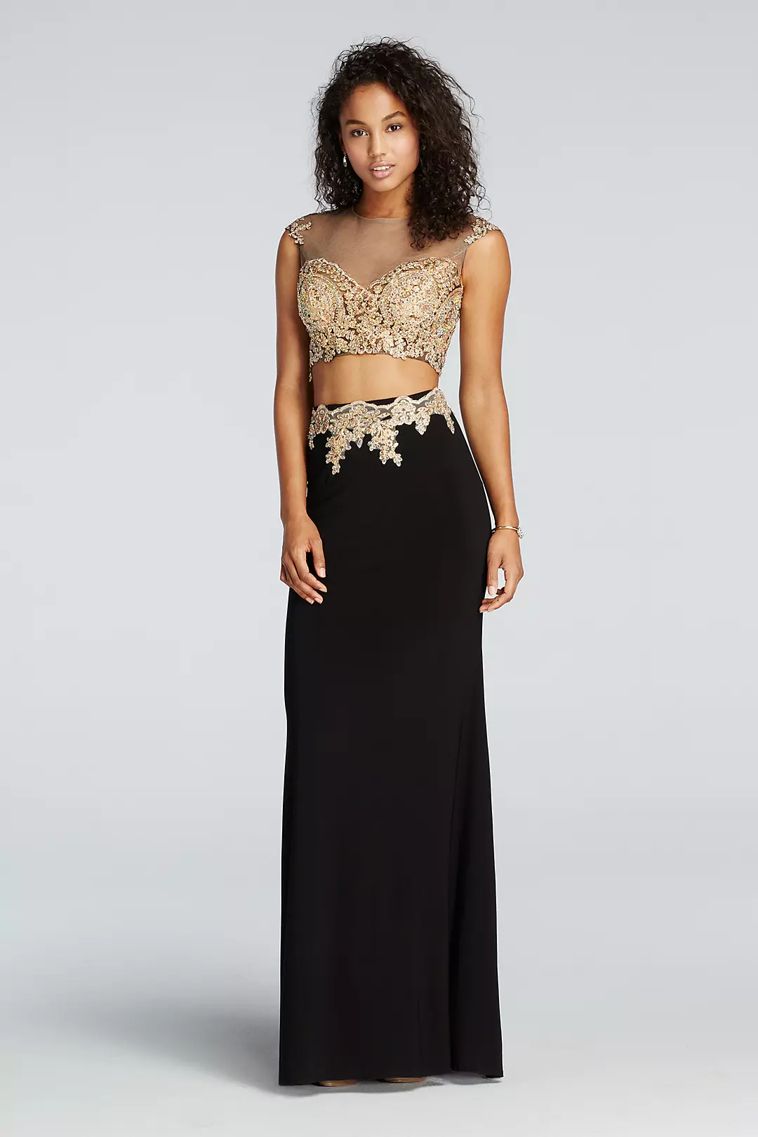 Beaded Two Piece Illusion Prom Crop Top and Skirt Image