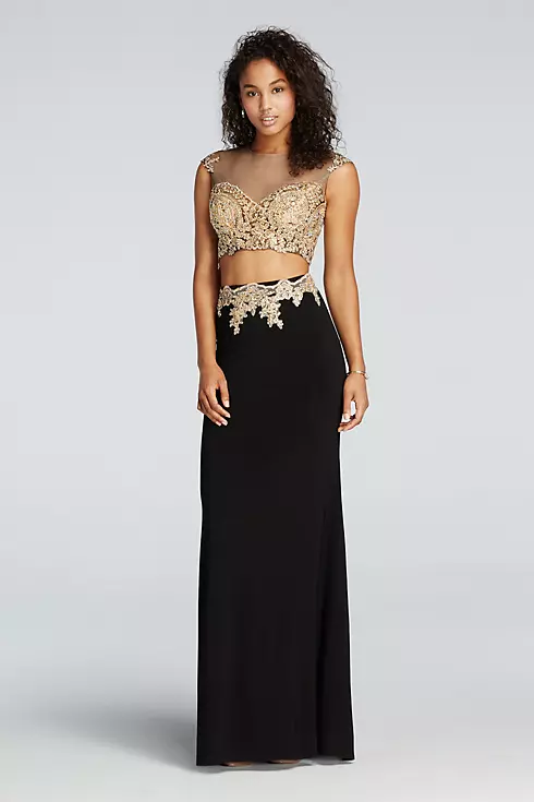 Beaded Two Piece Illusion Prom Crop Top and Skirt Image 1