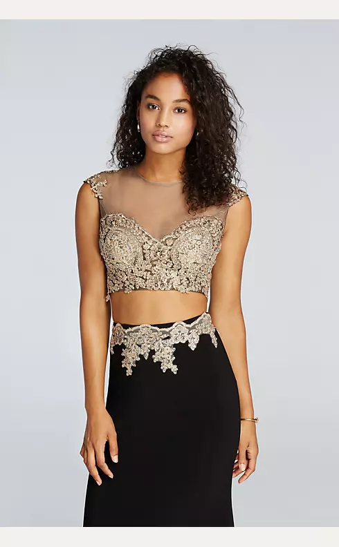 Beaded Two Piece Illusion Prom Crop Top and Skirt Image 3