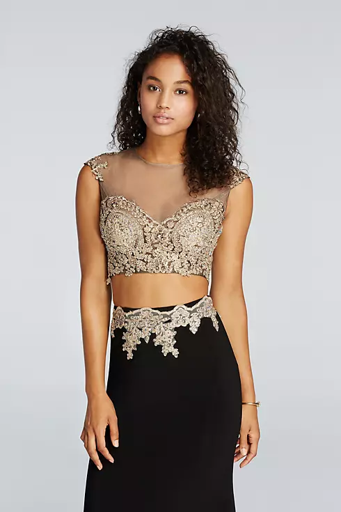 Beaded Two Piece Illusion Prom Crop Top and Skirt Image 3
