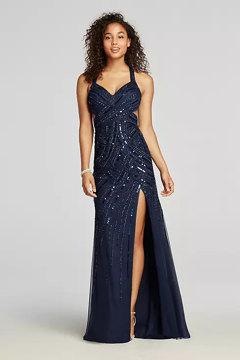 Halter Beaded Prom Dress with Thigh High Slit Image 1