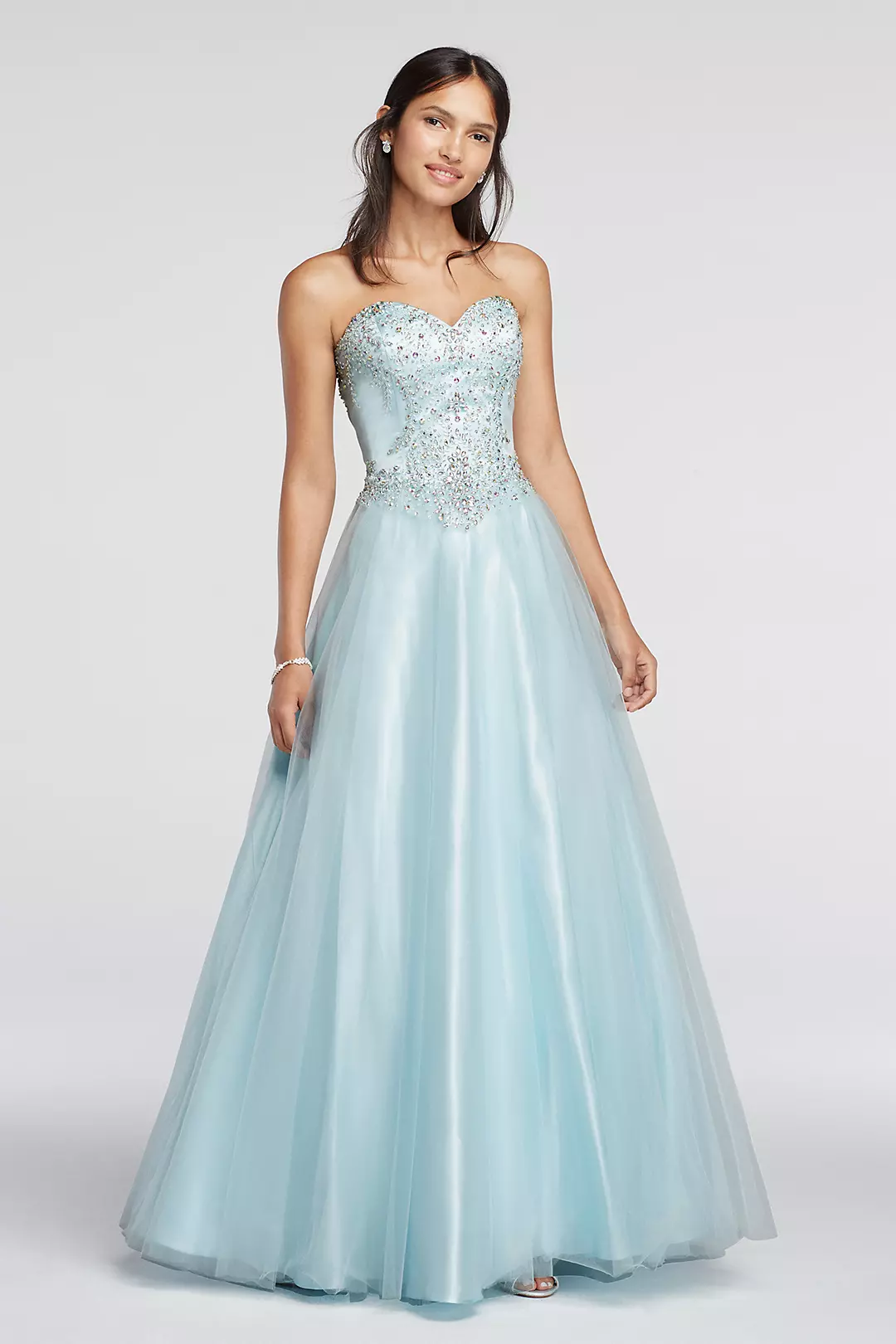 Crystal Embellished Drop Waist Tulle Prom Dress