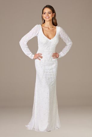 Plunging Neckline Long Sleeve White Celebrity Gown