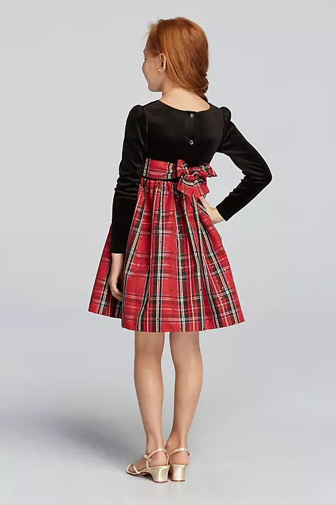 Long Sleeve Velvet Dress with Plaid Skirt Image 2