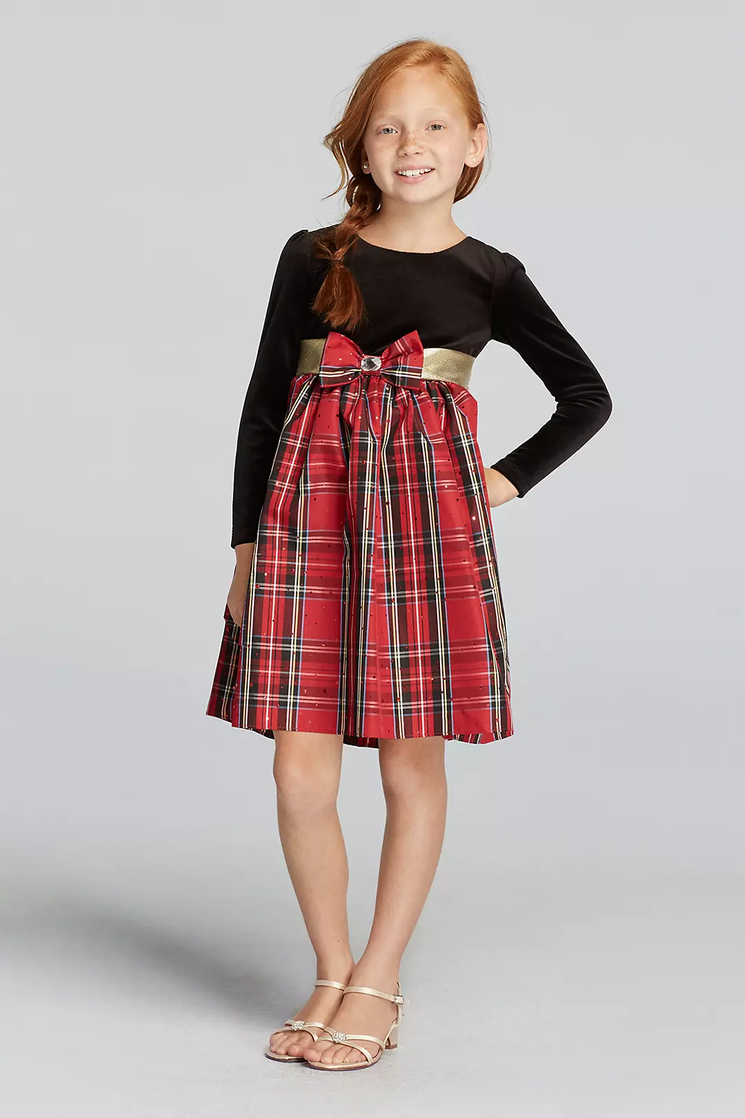 Long Sleeve Velvet Dress with Plaid Skirt Image