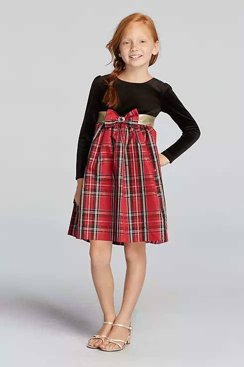 Long Sleeve Velvet Dress with Plaid Skirt Image 1
