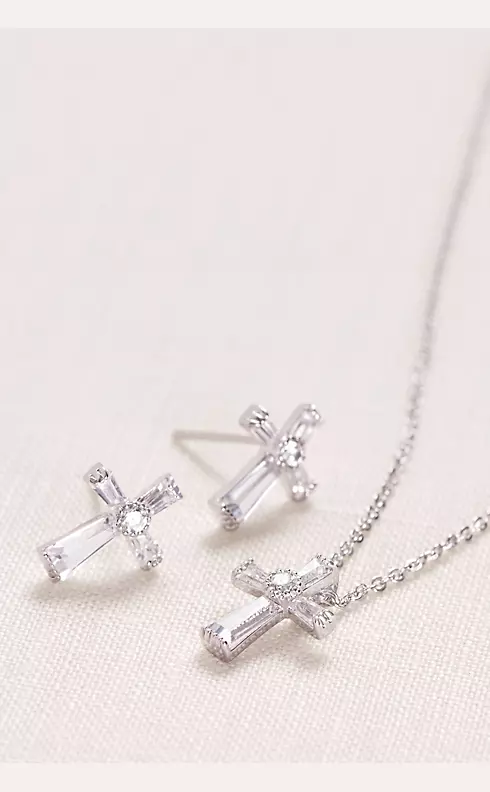 Emerald Cut Crystal Cross Necklace and Earring Set Image 2