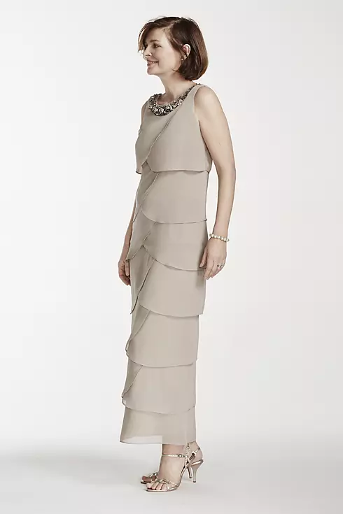 Long Sleeveless Tiered Dress with Beaded Neckline Image 3