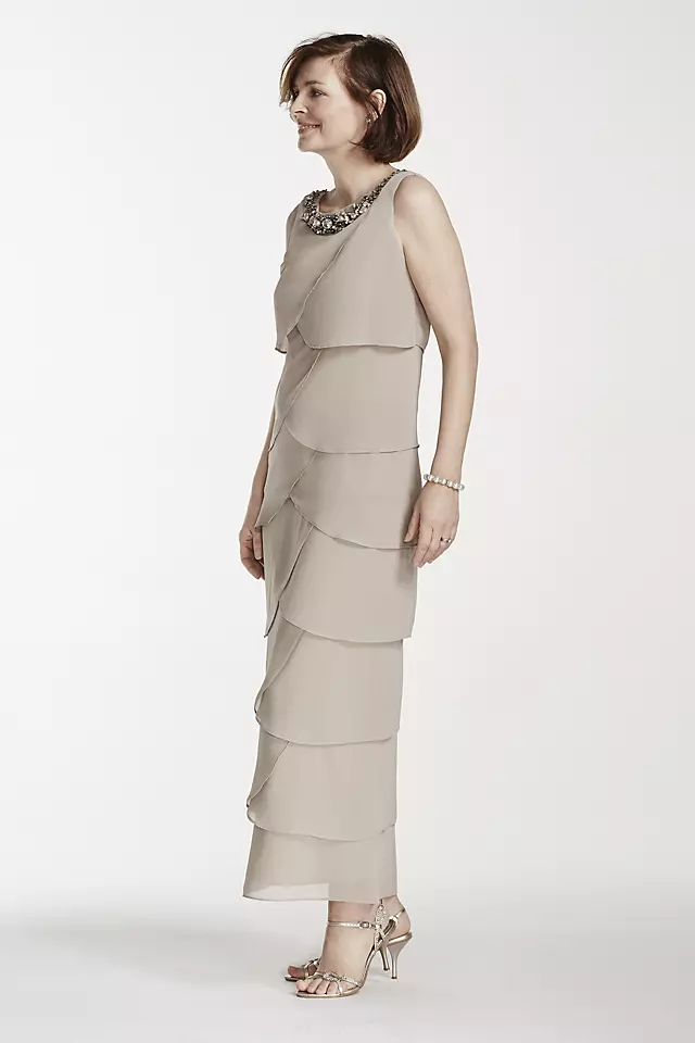 Long Sleeveless Tiered Dress with Beaded Neckline Image 3
