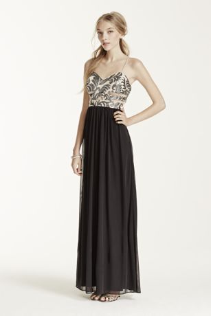 Spaghetti Strap Sequin Swirl Bodice Mesh Dress | David's Bridal