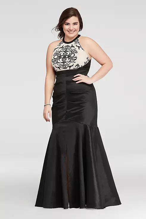 Halter Ruched Prom Dress with Embroidered Bodice Image 1